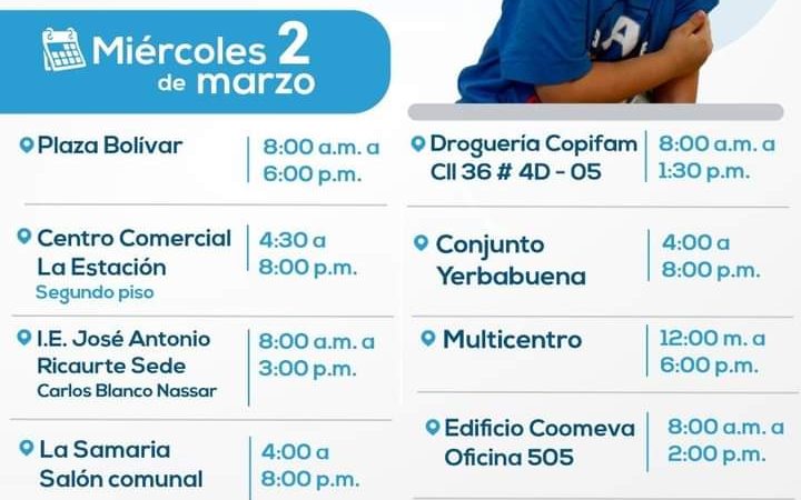 ¡Prográmate! 🙌🏻 Hoy 2 de marzo, tendremos disponibles estos puntos de vacunación💉 contra el #COVID_19. 😷Recuerda asistir cumpliendo con los protocolos de bioseguridad. 🤝¡Porque entre todos nos cuidamos! #IbaguéVibra 🇱🇹