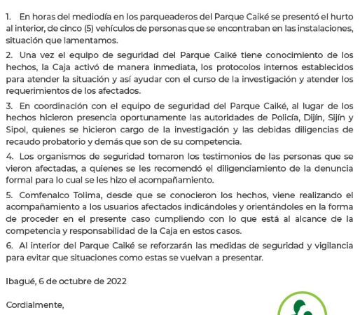 Comunicado de Comfenalco Tolima