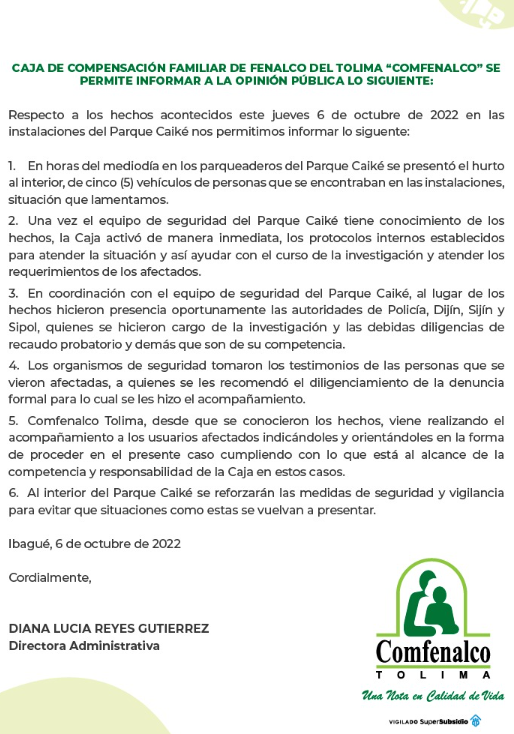 Comunicado de Comfenalco Tolima