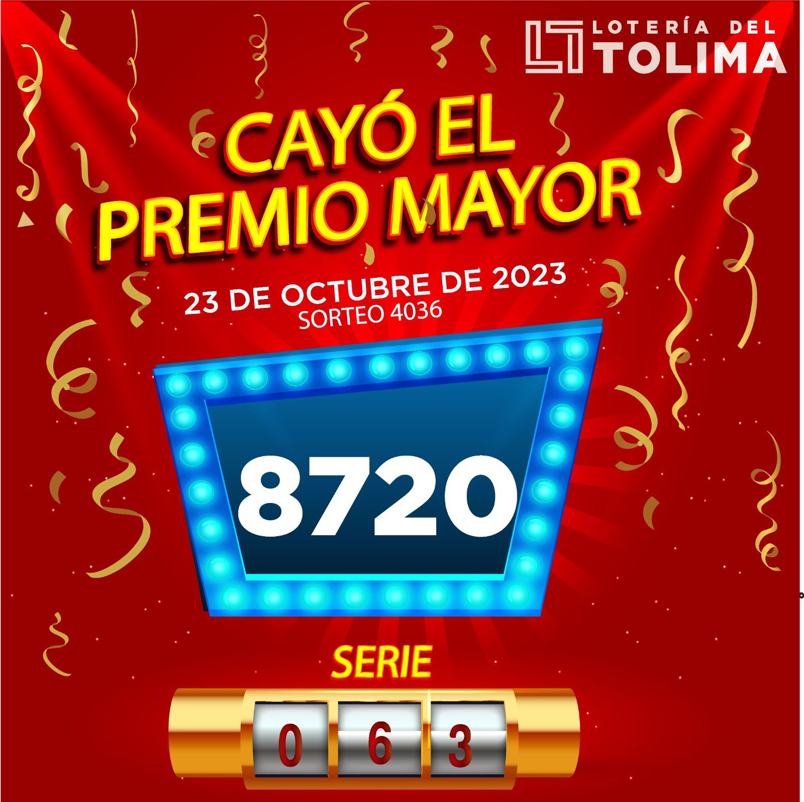 Cayó otra vez el premio mayor de la Lotería del Tolima