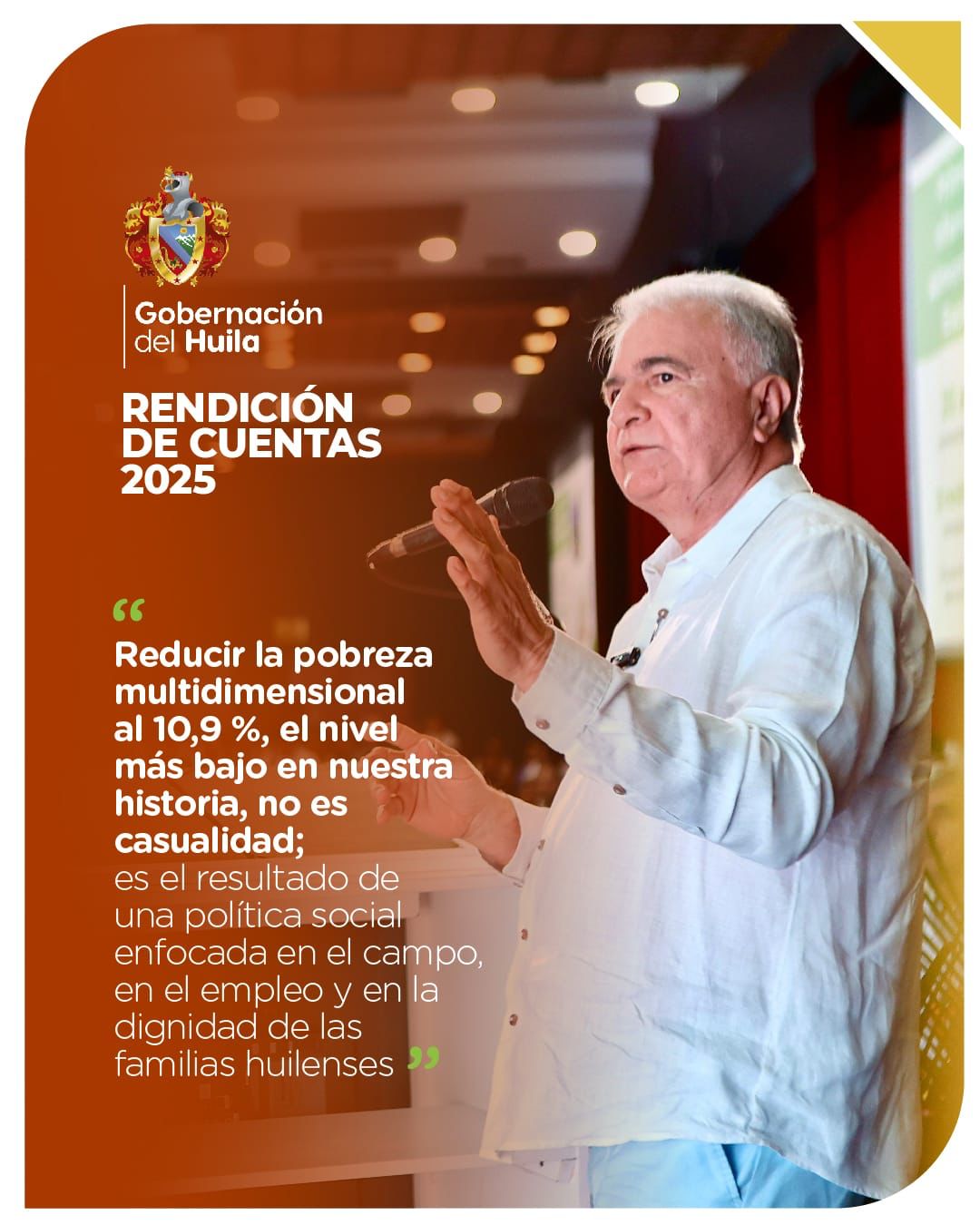La transparencia fortalece la confianza. En la Rendición de Cuentas de la Gobernación del Huila mostramos avances reales y acciones que transforman vidas, como la reducción de la pobreza multidimensional, desde las ciudades hasta el campo. ¡Seguimos con resultados por nuestro Huila Grande! #transparencia #SomosElHuilaGrande #RendiciónDeCuentas