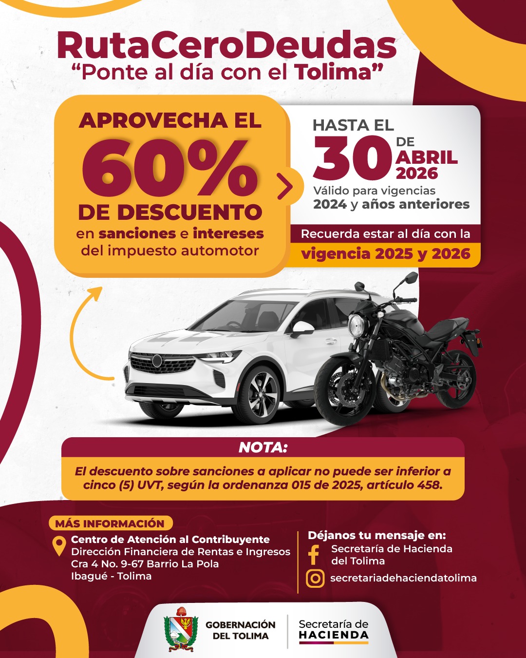 Póngase al día: Aproveche el descuento del 60% en intereses y sanciones del Impuesto de Vehículos de Tolima