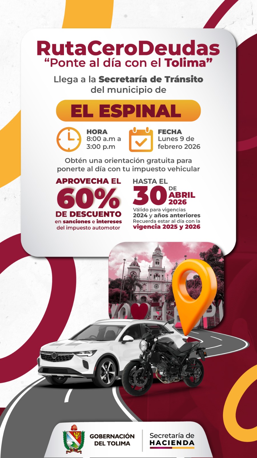 La Ruta Cero Deudas, de la Secretaría de Hacienda del Tolima, llega al municipio de el Espinal: Aproveche el 60% en intereses y sanciones del Impuesto de Vehículos