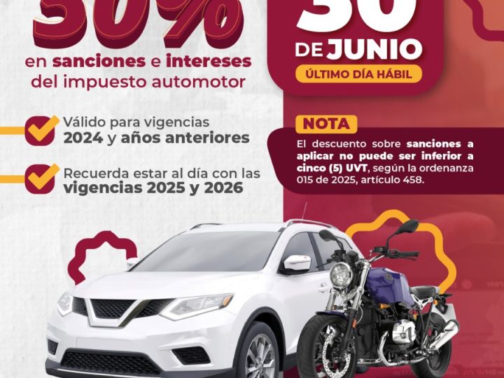Quienes tengan deudas del Impuesto Vehicular en el Tolima podrán acceder, hasta el 30 de junio, al descuento en sanciones e intereses