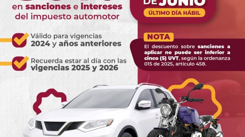 Quienes tengan deudas del Impuesto Vehicular en el Tolima podrán acceder, hasta el 30 de junio, al descuento en sanciones e intereses
