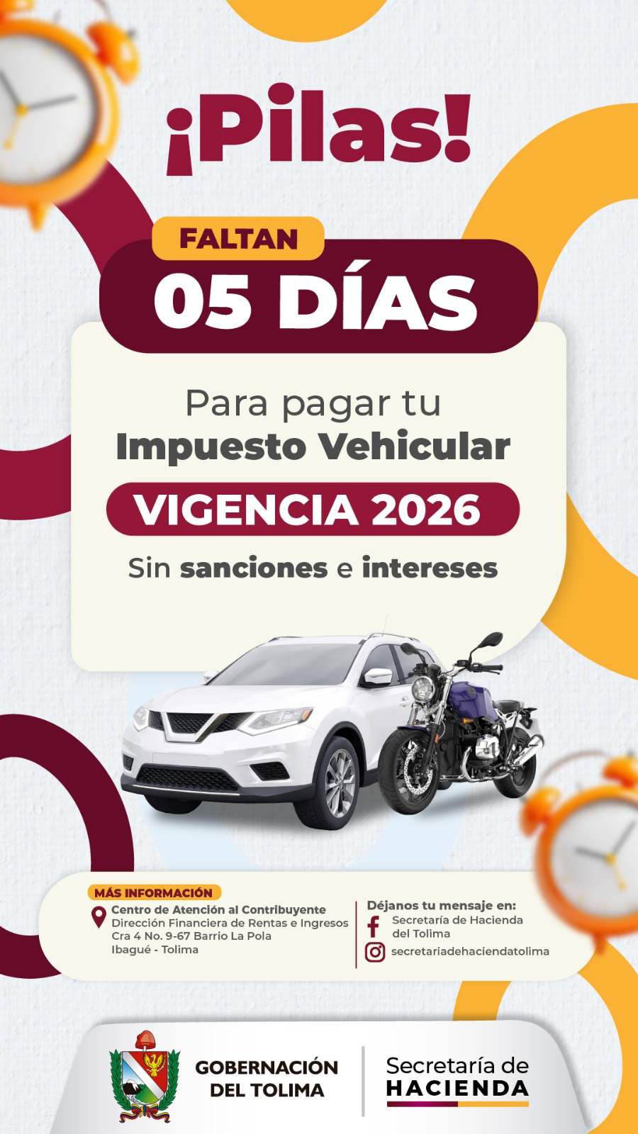 🚗⏰ ¡Pilas! Faltan solo 5 días: Paga el Impuesto Vehicular vigencia 2026 sin sanciones ni intereses.