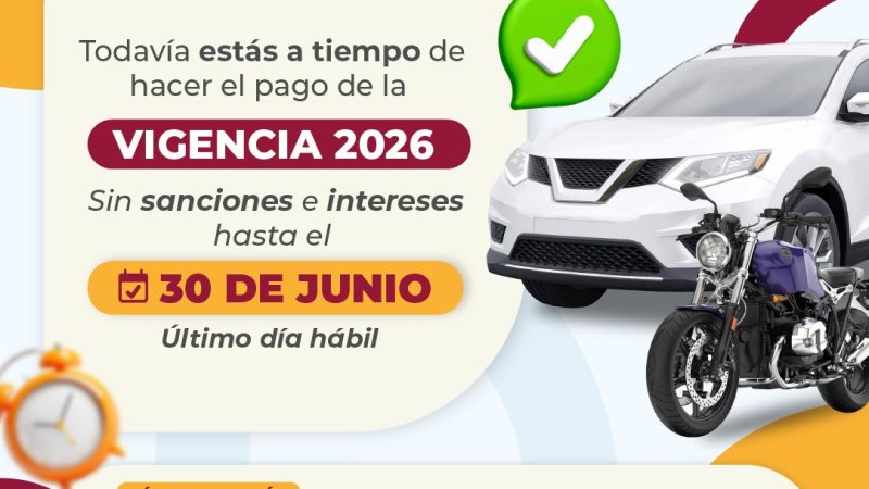 Hoy 30 de junio es el último día para pagar el Impuesto Vehicular vigencia 2026 en Tolima, sin sanciones ni intereses