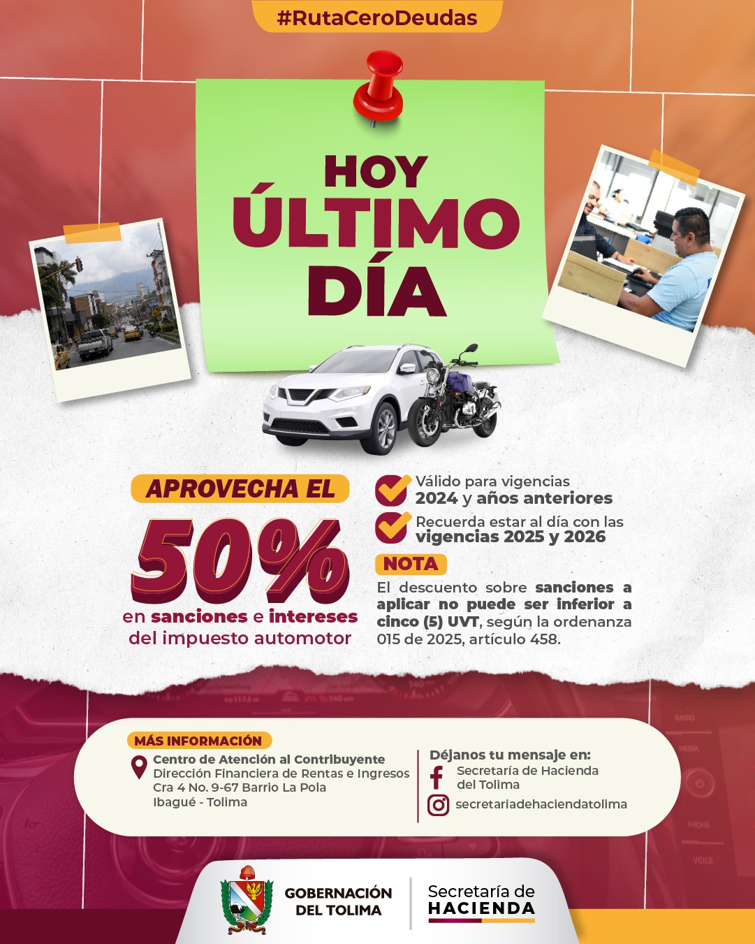 La Secretaría de Hacienda del Tolima invita a los contribuyentes a aprovechar el último día para cumplir con sus obligaciones tributarias